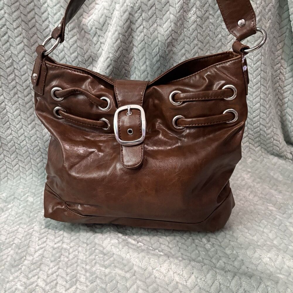 Apt 9 Brown Faux Leather Hobo Bag Silver Buckle Grommet Detailing Boho Indie